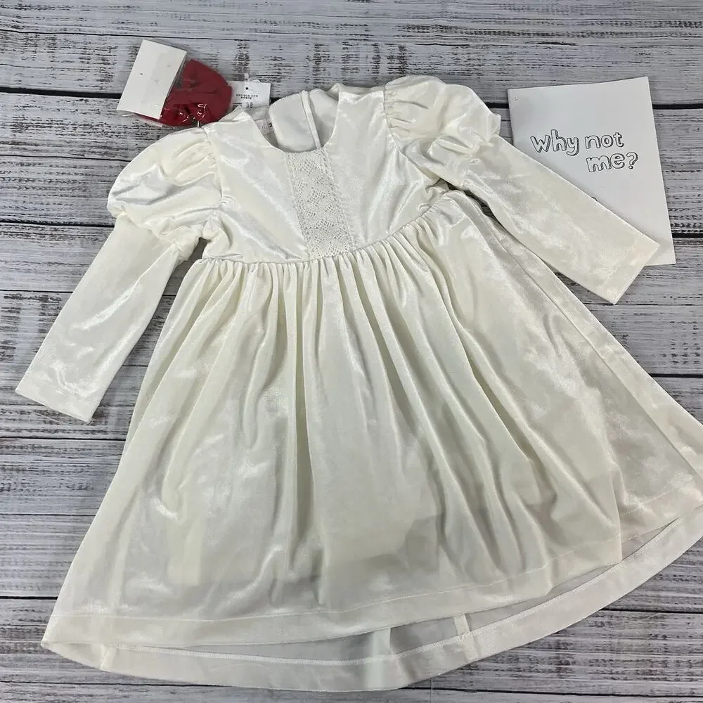 PETITE JR Baby Girl Ivory Velour Dress M 12-24 mths Red Bow Wedding Dedication 4